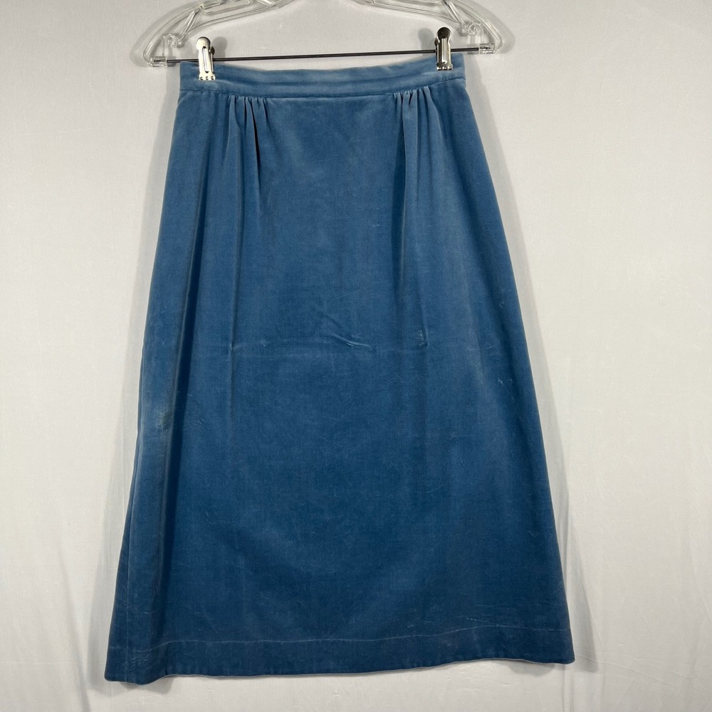 Vtg 60s 70s Blue Velvet Midi Skirt Wms Sm High Waist A-Line Retro Disco Mod Boho